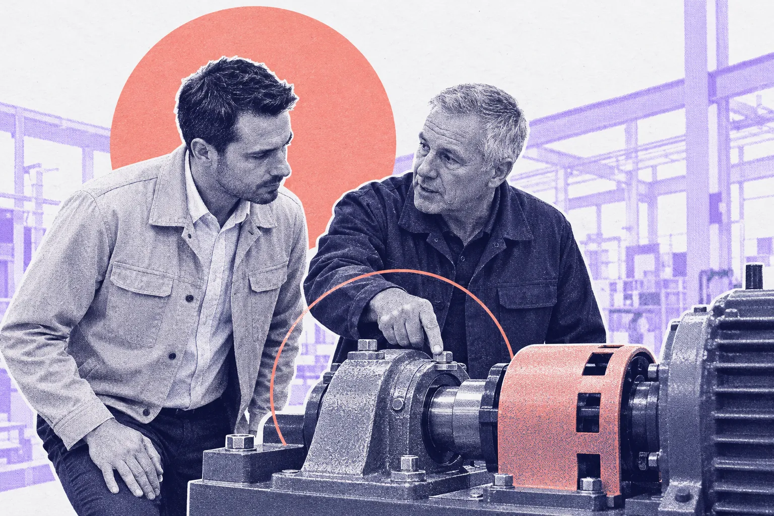 Ein Vertriebsingenieur und ein Instandhaltungsleiter besprechen ein Lager an einer Antriebswelle