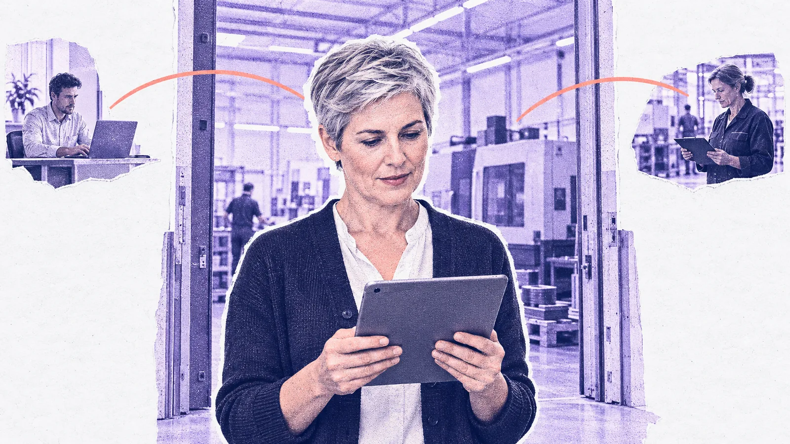 Eine Vertriebsleiterin liest im Tor einer Fertigungshalle eine Anfrage auf dem Tablet, verbunden mit einem Einkäufer und einer Werkleiterin