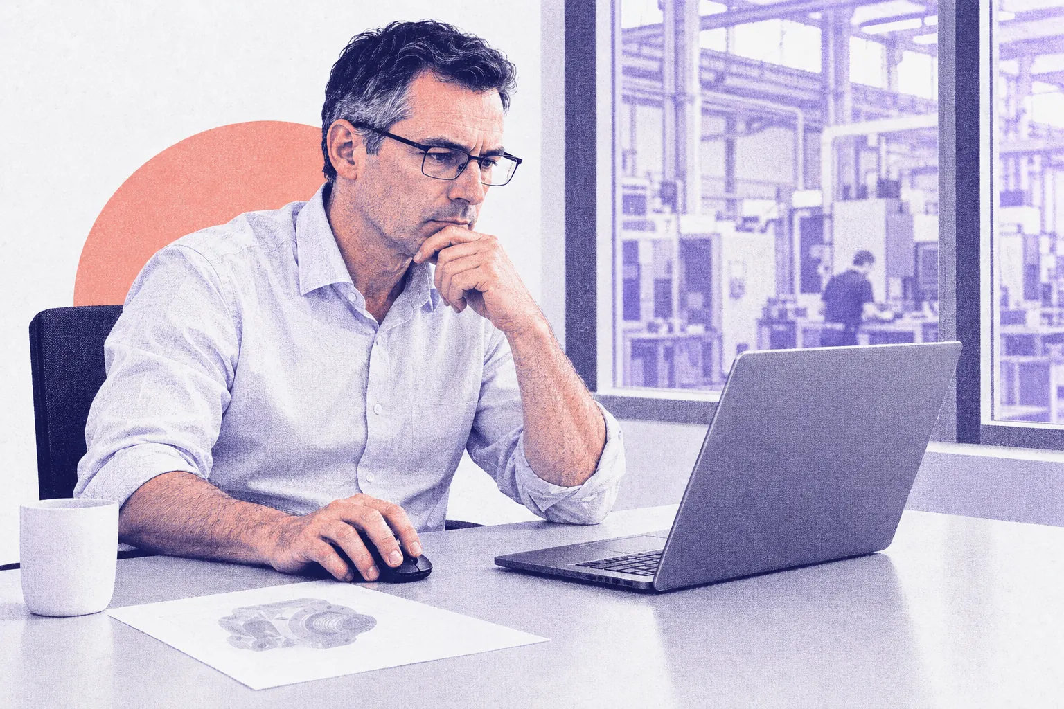 Ein Einkaufsleiter prüft am Laptop einen möglichen Lieferanten, neben ihm ein Datenblatt