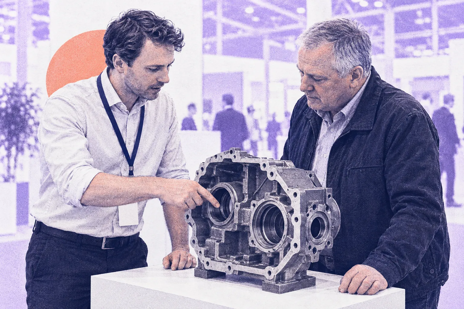 Ein Anwendungstechniker zeigt einem Besucher am Messestand ein Detail an einem Getriebegehäuse