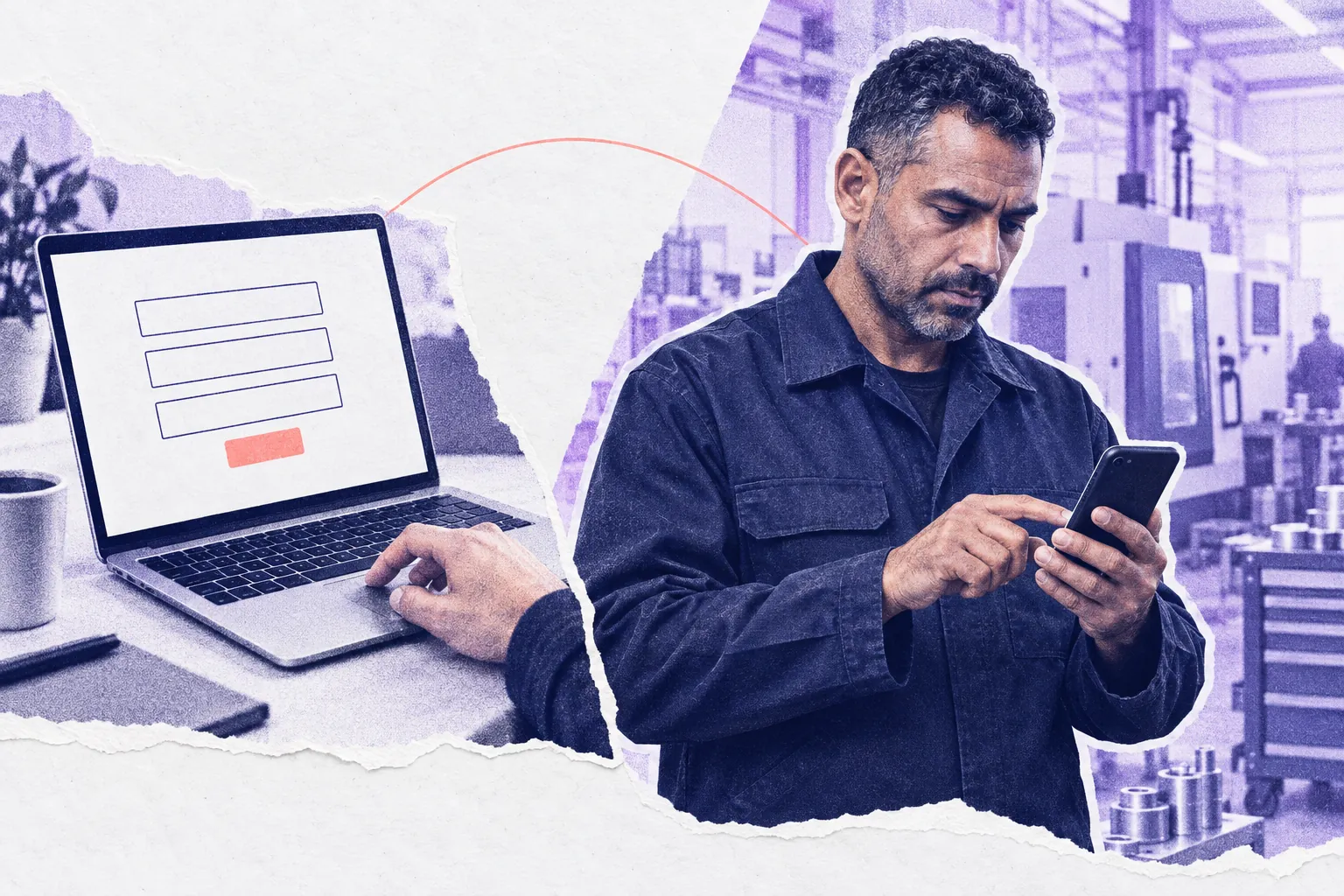 Links schickt jemand ein Website-Formular ab, rechts öffnet ein Instandhaltungsleiter in der Werkhalle die Nachricht auf dem Smartphone