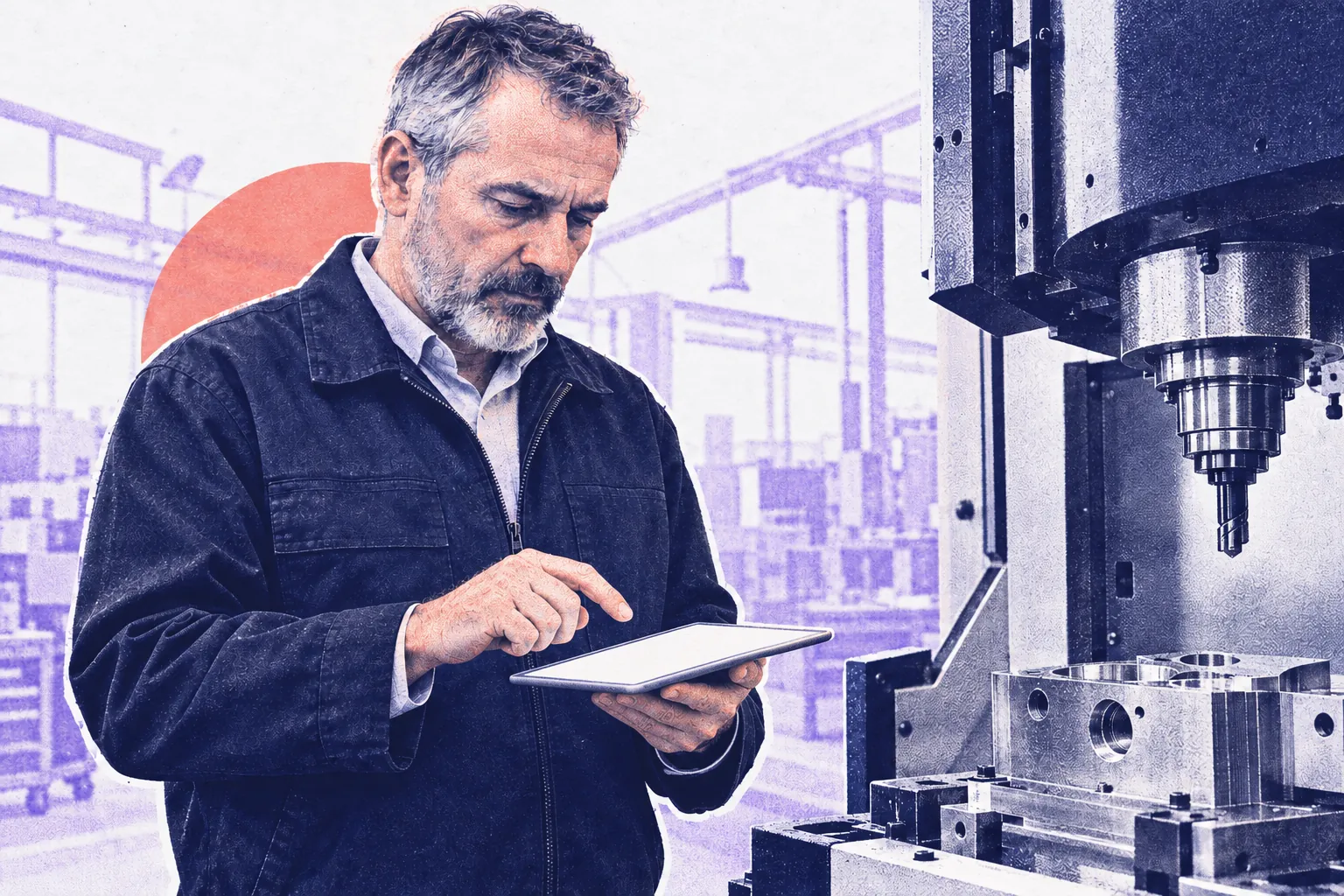 Ein Anwendungstechniker liest an einer Fräsmaschine einen Entwurf auf dem Tablet, bevor er ihn freigibt