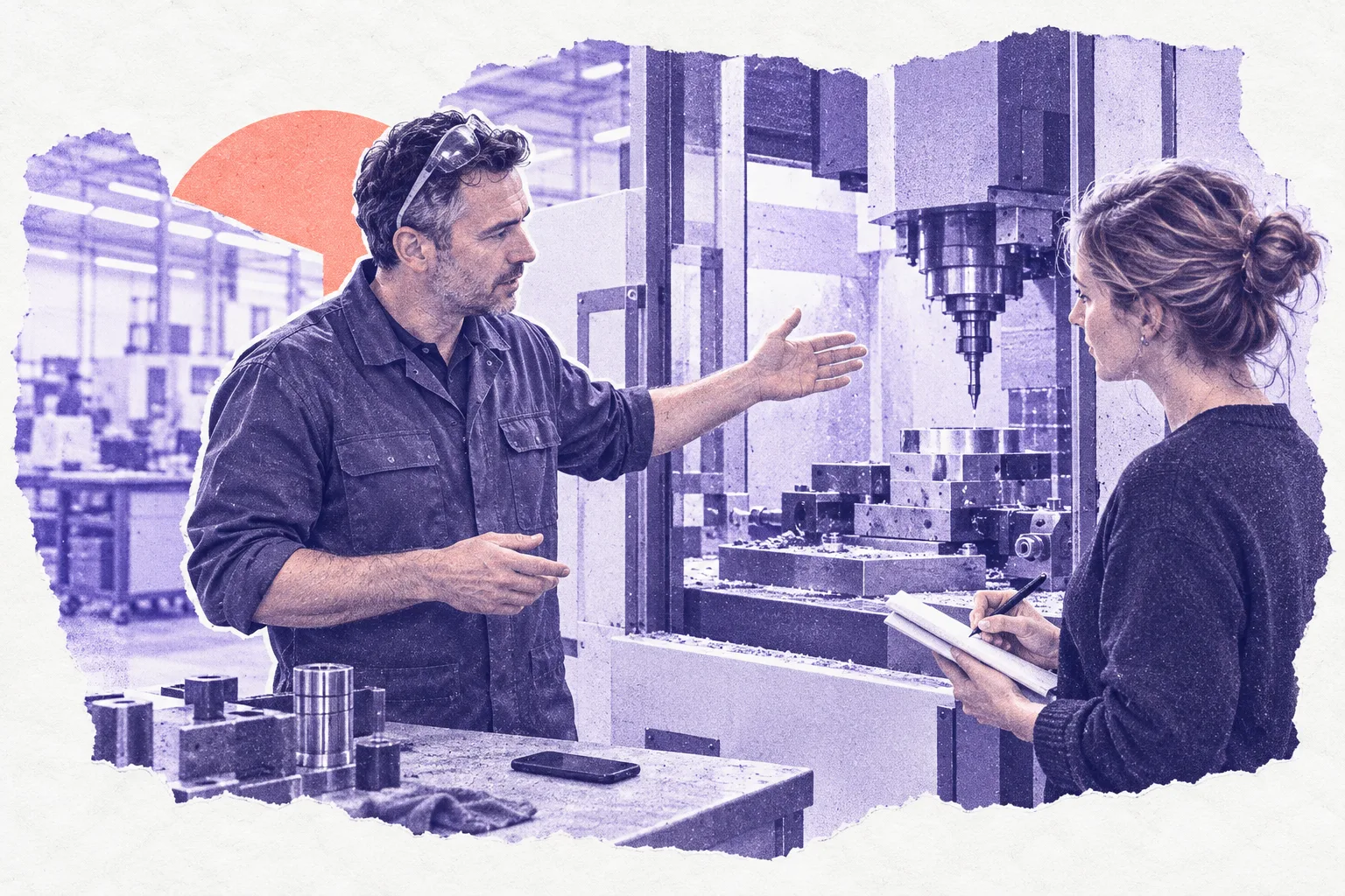 Ein Konstrukteur erklärt an einer Fräsmaschine etwas, eine Kollegin aus dem Marketing schreibt mit