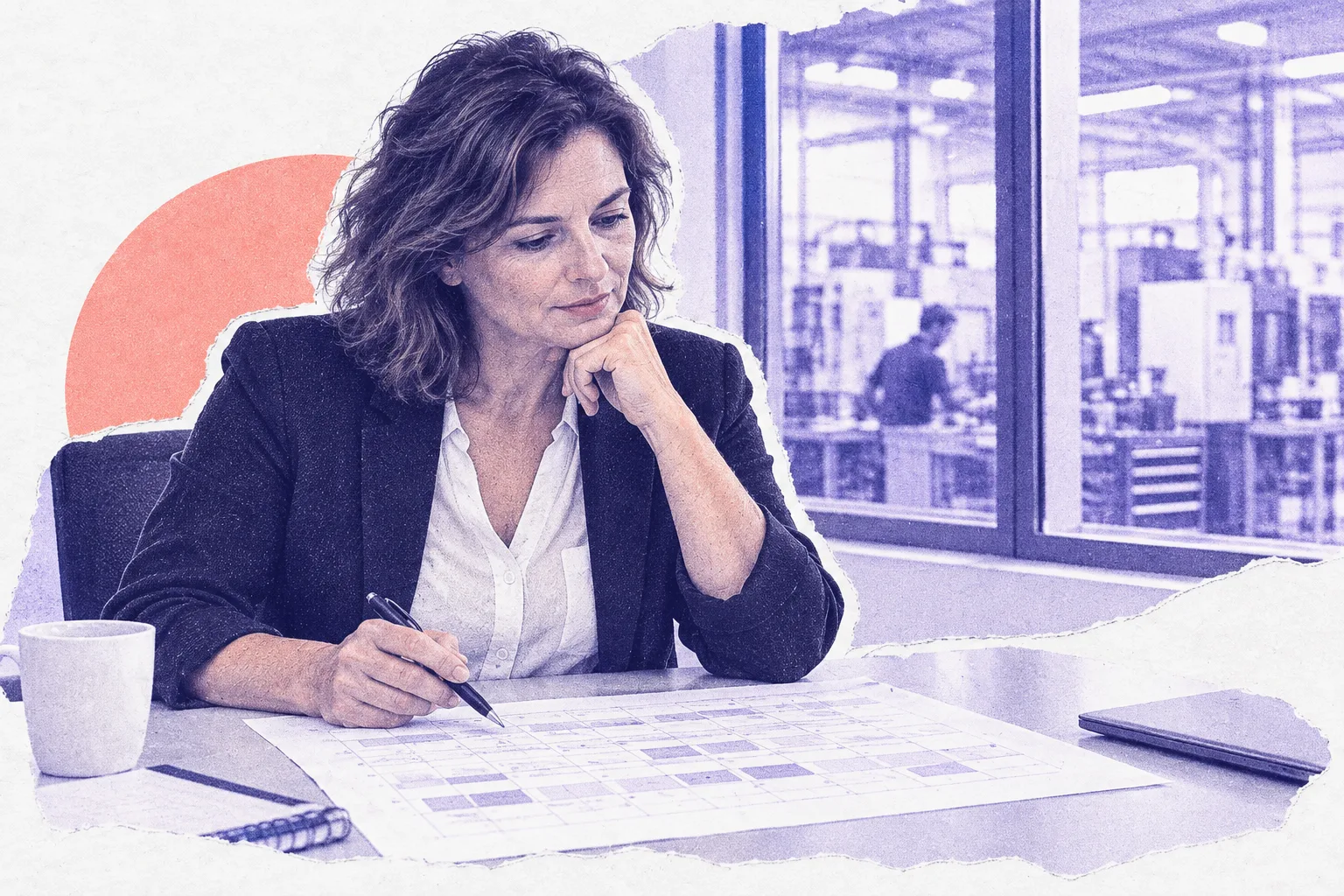 Eine Marketingleiterin sitzt mit Stift vor einem ausgedruckten Planungsraster, hinter ihr eine Fertigungshalle