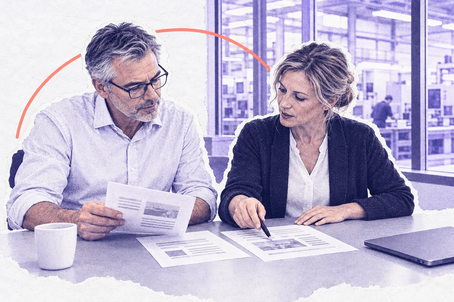 Ein Geschäftsführer und eine Marketingleiterin vergleichen am Besprechungstisch mehrere ausgedruckte Probetexte