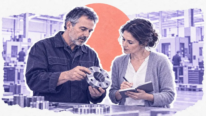 Ein Techniker erklärt einer Kollegin aus dem Marketing in der Fertigungshalle einen Flansch, sie schreibt mit