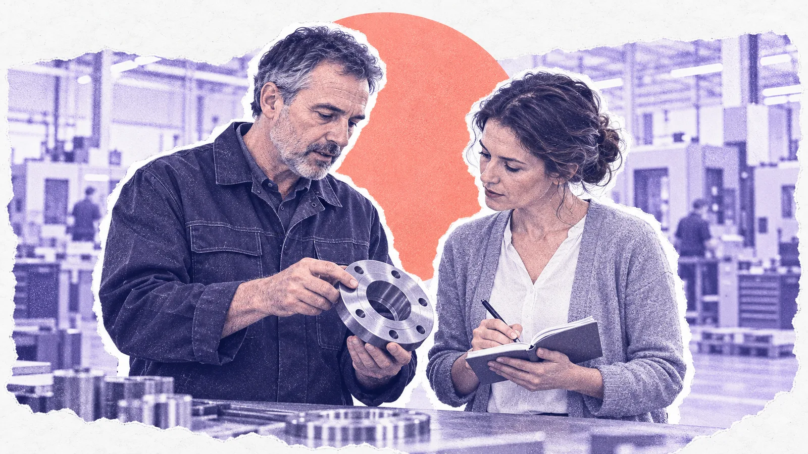 Ein Techniker erklärt einer Kollegin aus dem Marketing in der Fertigungshalle einen Flansch, sie schreibt mit