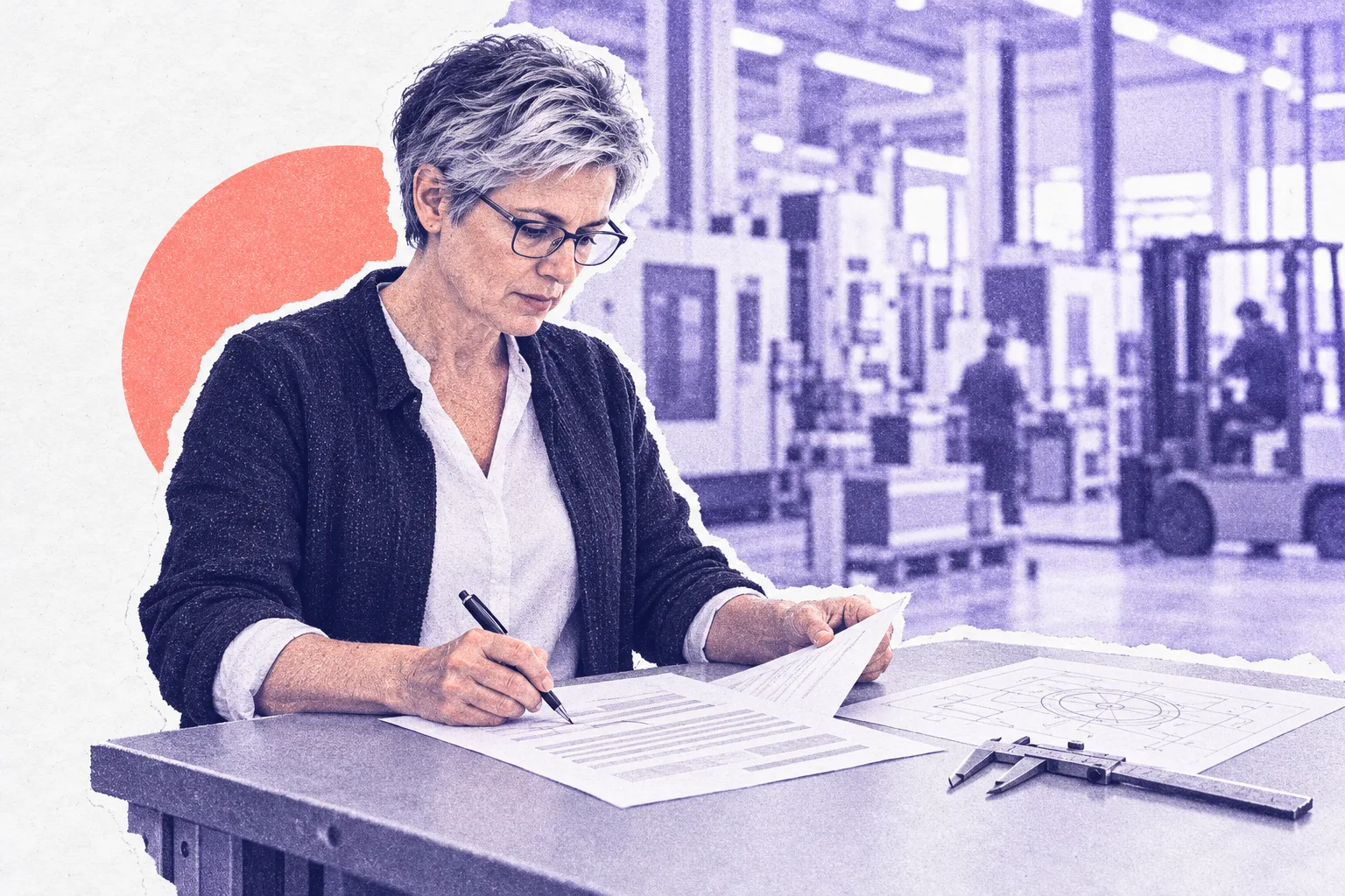 Eine Technische Leiterin markiert am Rand der Fertigungshalle eine Zeile in einem ausgedruckten Entwurf, daneben liegen eine Zeichnung und ein Messschieber