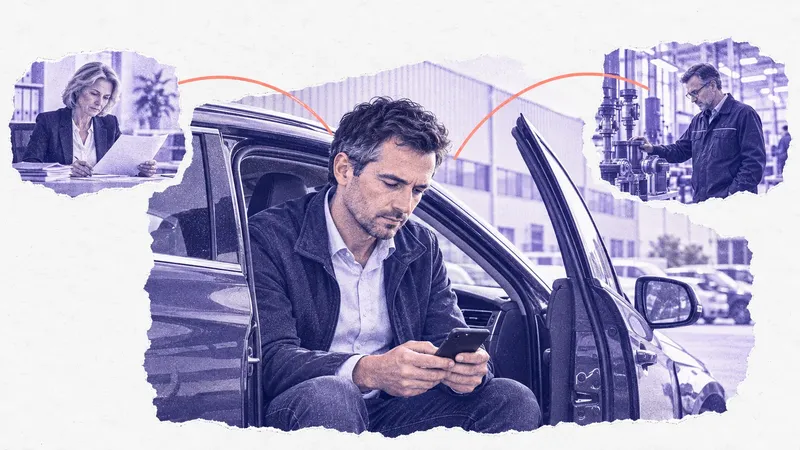 Ein Vertriebsingenieur sitzt in der offenen Tür seines Wagens vor einem Werk und schaut auf sein Smartphone, verbunden mit einer Einkaufsleiterin und einem Werkleiter