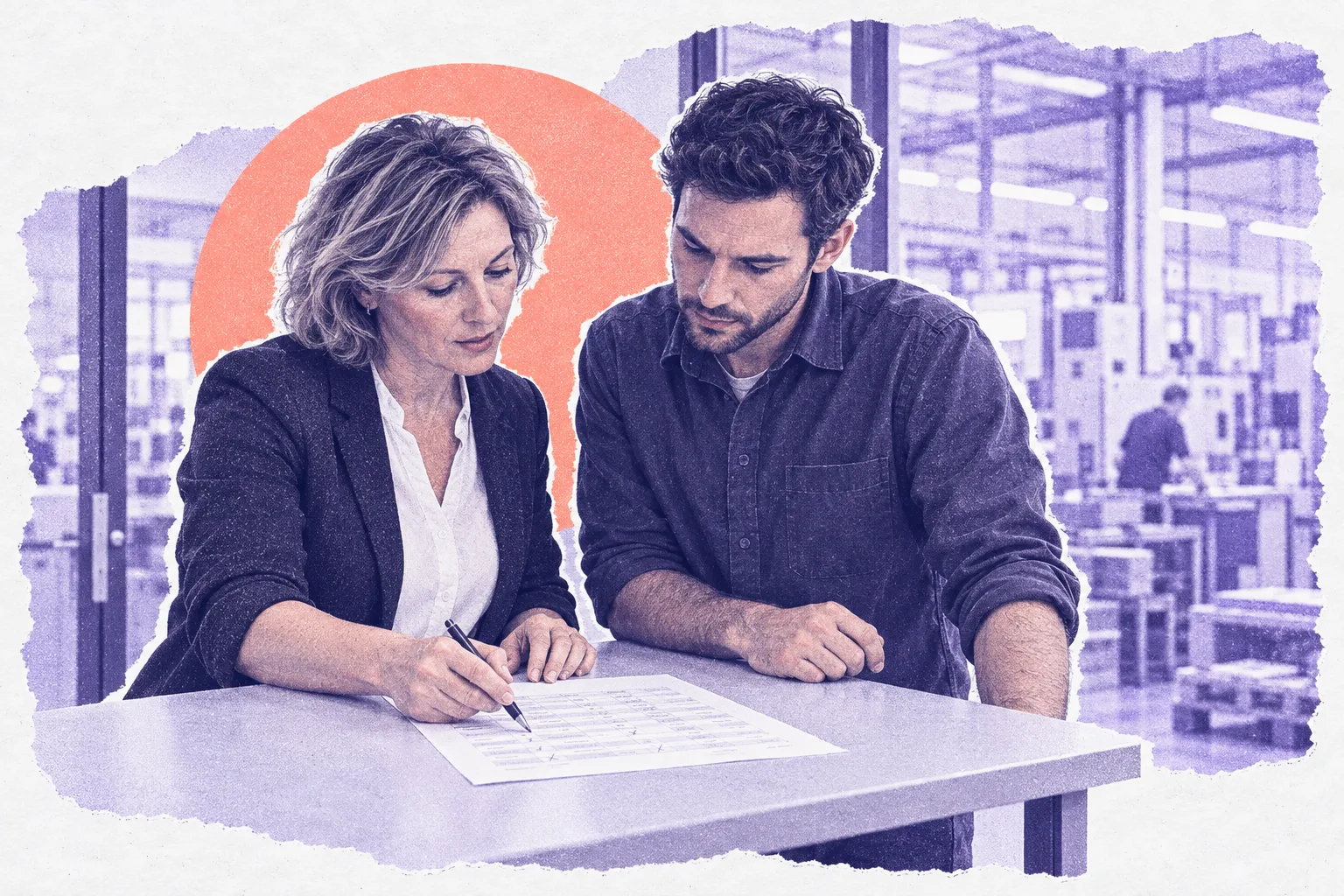 Eine Vertriebsleiterin und ein Techniker gehen an einem Stehtisch neben der Fertigungshalle eine ausgedruckte Liste durch